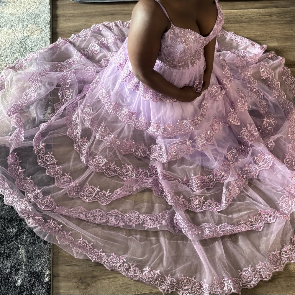 Pink Tiered Spaghetti Strap Prom Gown